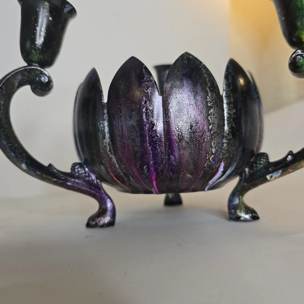 HANDCRAFTED Upcycled 3 Candlestick Holder HANDPAINTED Tabletop Candle Decor